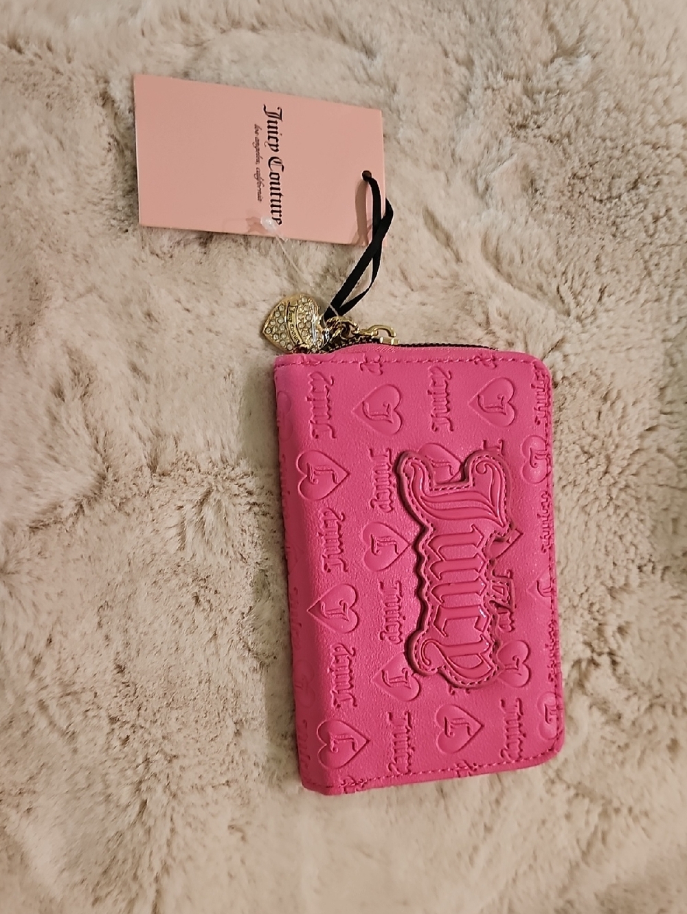 Juicy Couture Hot Pink Embossed Zip Card Case with Gold Charm